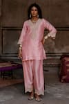 Buy_Charu Makkar_Pink Silk, Organza Embroidery, Zari V-neck Aina Kurta Set _Online_at_Aza_Fashions