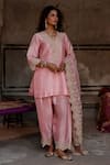 Charu Makkar_Pink Silk, Organza Embroidery, Zari V-neck Aina Kurta Set _at_Aza_Fashions