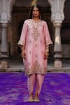 Charu Makkar_Pink Silk, Organza Embroidery Split V-neck Kubra Kurta Set _at_Aza_Fashions