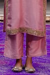 Charu Makkar_Pink Silk Embroidery, Metallic Thread V-neck Lavanya Kaftan Kurta Set _Online_at_Aza_Fashions