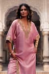 Buy_Charu Makkar_Pink Silk Embroidery, Metallic Thread V-neck Lavanya Kaftan Kurta Set _Online_at_Aza_Fashions