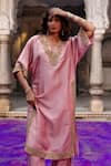 Shop_Charu Makkar_Pink Silk Embroidery, Metallic Thread V-neck Lavanya Kaftan Kurta Set _Online_at_Aza_Fashions
