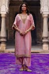 Buy_Charu Makkar_Pink Silk Embroidery, Metallic Thread V-neck Lavanya Kaftan Kurta Set _at_Aza_Fashions