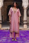 Charu Makkar_Pink Silk Embroidery, Metallic Thread V-neck Lavanya Kaftan Kurta Set _at_Aza_Fashions
