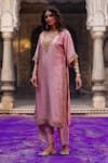 Buy_Charu Makkar_Pink Silk Embroidery, Metallic Thread V-neck Lavanya Kaftan Kurta Set 