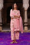 Charu Makkar_Pink Silk, Organza Embroidery, Lace, Zari Round Neck Raano Kurta Set _at_Aza_Fashions