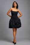 Deepika Arora_Black Roma Embroidery Bandeau Neck Strapless Structured Bodice Shimmer Dress _Online_at_Aza_Fashions