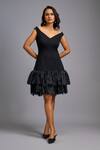 Buy_Deepika Arora_Black Roma Ruffles V-neck Off-shoulder Flared Dress _at_Aza_Fashions