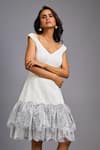 Deepika Arora White Roma Sequins, Ruffles V-neck Off-shoulder Dress at Aza Fashions Deepika Arora_White Roma Sequins, Ruffles V-neck Off-shoulder Dress _at_Aza_Fashions