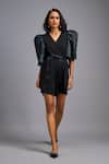Buy_Deepika Arora_Black Roma Embroidery V-neck Textured Puff Sleeve Playsuit _at_Aza_Fashions