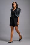 Buy_Deepika Arora_Black Roma Embroidery V-neck Textured Puff Sleeve Playsuit _Online_at_Aza_Fashions