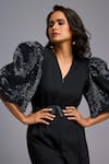 Shop_Deepika Arora_Black Roma Embroidery V-neck Textured Puff Sleeve Playsuit _Online_at_Aza_Fashions