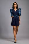 Buy_Deepika Arora_Navy Roma Sequins, Embroidery V-neck Playsuit With Shimmer Belt _at_Aza_Fashions