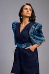 Shop_Deepika Arora_Navy Roma Sequins, Embroidery V-neck Playsuit With Shimmer Belt _Online_at_Aza_Fashions
