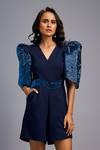 Deepika Arora_Navy Roma Sequins, Embroidery V-neck Playsuit With Shimmer Belt _at_Aza_Fashions
