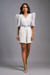 Buy_Deepika Arora_Off White Roma Sequins, Embroidery V-neck Textured Puff Sleeve Shimmer Playsuit _at_Aza_Fashions