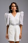 Buy_Deepika Arora_Off White Roma Sequins, Embroidery V-neck Textured Puff Sleeve Shimmer Playsuit _Online_at_Aza_Fashions