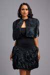 Deepika Arora_Black Roma Embroidery Bandeau , Round Ruch Shimmer Dress With Cape _at_Aza_Fashions