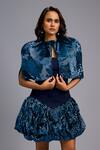 Deepika Arora_Navy Roma Sequins, Embroidery Bandeau Neck, Round Ruch Shimmer Dress With Cape _at_Aza_Fashions