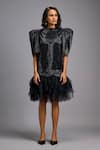 Buy_Deepika Arora_Black Roma Crew Neck Puff Sleeve Shimmer And Tulle Ruffle Dress _at_Aza_Fashions