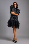 Shop_Deepika Arora_Black Roma Crew Neck Puff Sleeve Shimmer And Tulle Ruffle Dress _Online_at_Aza_Fashions