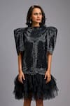 Buy_Deepika Arora_Black Roma Crew Neck Puff Sleeve Shimmer And Tulle Ruffle Dress 