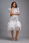Buy_Deepika Arora_Silver Roma Sequins, Ruffles Round Neck Shimmer Puff Sleeve Dress _at_Aza_Fashions