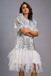 Deepika Arora_Silver Roma Sequins, Ruffles Round Neck Shimmer Puff Sleeve Dress _Online_at_Aza_Fashions