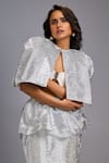 Shop_Deepika Arora_Silver Roma Sequins Round , Sweetheart Shimmer Cropped Jacket Skirt Set _Online_at_Aza_Fashions