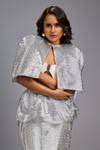 Deepika Arora_Silver Roma Sequins Round , Sweetheart Shimmer Cropped Jacket Skirt Set _at_Aza_Fashions