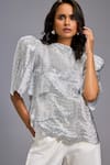 Shop_Deepika Arora_Silver Roma Sequins Round Neck Textured Shimmer Top With Tailored Cropped Pant _Online_at_Aza_Fashions