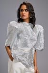 Deepika Arora_Silver Roma Sequins Round Neck Textured Shimmer Top With Tailored Cropped Pant _at_Aza_Fashions