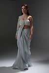 Shop_Jade By Ashima_Gray Organza, Shantoon Beads, Pearls, Embroidery Elsie Draped Saree With Blouse _at_Aza_Fashions