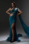 Buy_Jade By Ashima_Teal Crepe, Organza, Shantoon Pearls, Crystals, Georgia Draped Saree With Blouse _at_Aza_Fashions