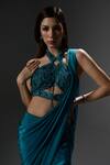 Shop_Jade By Ashima_Teal Crepe, Organza, Shantoon Pearls, Crystals, Georgia Draped Saree With Blouse _Online_at_Aza_Fashions