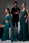 Shop_Jade By Ashima_Green Organza, Crepe, Shantoon Crystals, Pearls, Sarah Draped Saree With Blouse _Online_at_Aza_Fashions