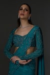 Jade By Ashima_Green Organza, Crepe, Shantoon Crystals, Pearls, Sarah Draped Saree With Blouse _at_Aza_Fashions