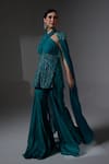 Shop_Jade By Ashima_Teal Organza, Shantoon Embroidery, Beads Halter Neck Alma Kurta Sharara Set _at_Aza_Fashions