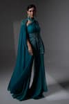 Shop_Jade By Ashima_Teal Organza, Shantoon Embroidery, Beads Halter Neck Alma Kurta Sharara Set _Online_at_Aza_Fashions