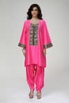Ranian_Pink Silk, Organza Embroidery Round Neck Dogri Kurta And Dhoti Salwar Set  _Online_at_Aza_Fashions