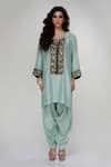 Buy_Ranian_Blue Silk, Organza Embroidery, Zari Round Neck Dogri Kurta And Dhoti Salwar Set _Online_at_Aza_Fashions