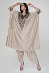 Ranian_Beige Silk Embroidery, Sequins V-neck Wrinkled Kaftan With Dhoti Salwar _Online_at_Aza_Fashions