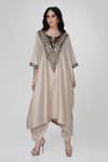 Buy_Ranian_Beige Silk Embroidery, Sequins V-neck Wrinkled Kaftan With Dhoti Salwar _at_Aza_Fashions