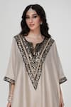 Shop_Ranian_Beige Silk Embroidery, Sequins V-neck Wrinkled Kaftan With Dhoti Salwar _Online_at_Aza_Fashions