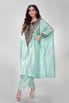 Buy_Ranian_Aqua Silk Sequins V-neck Wrinkled Kaftan And Dhoti Salwar Set _at_Aza_Fashions