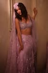 Shop_Shehlaa Khan_Lilac Tulle, Sequins, Embroidery, V-neck Floral Lehenga Set _at_Aza_Fashions