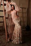 Buy_Shehlaa Khan_Peach Tulle, Organza Embroidery, Sequins Balloon Sleeve Blouse With Saree _at_Aza_Fashions