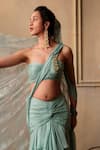 Shehlaa Khan_Teal Chiffon Bandeau Neck Pre-draped Ruffle Saree With Blouse _Online_at_Aza_Fashions