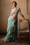 Buy_Shehlaa Khan_Teal Chiffon Bandeau Neck Pre-draped Ruffle Saree With Blouse _at_Aza_Fashions