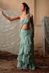 Shop_Shehlaa Khan_Teal Chiffon Bandeau Neck Pre-draped Ruffle Saree With Blouse _at_Aza_Fashions